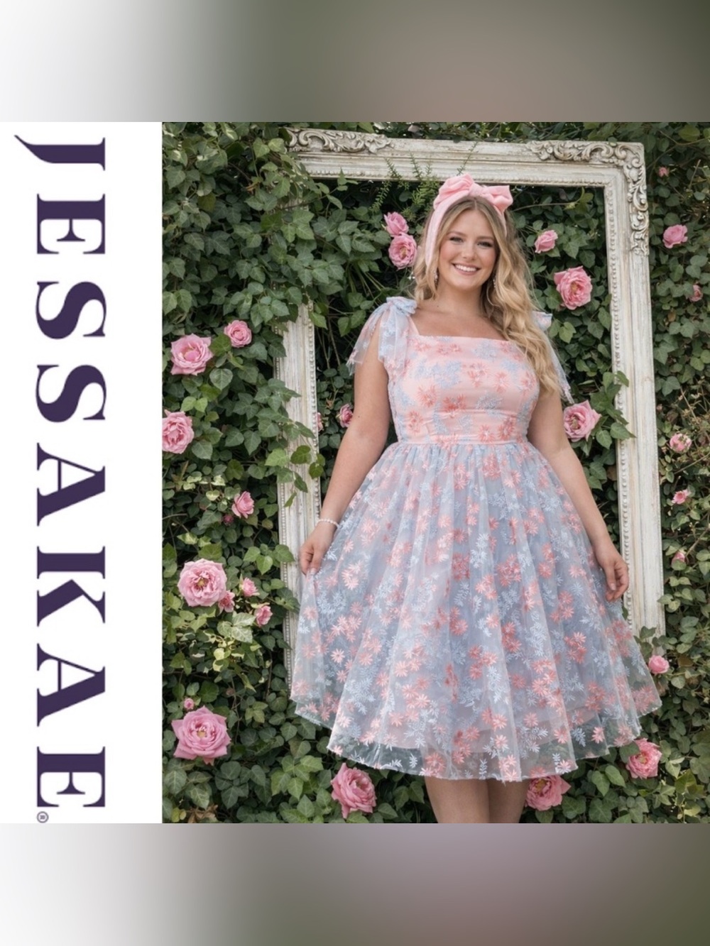 JessaKae Pink & Blue Satin & Tulle Embroidered BonBon Midi Dress, XL, NWT!